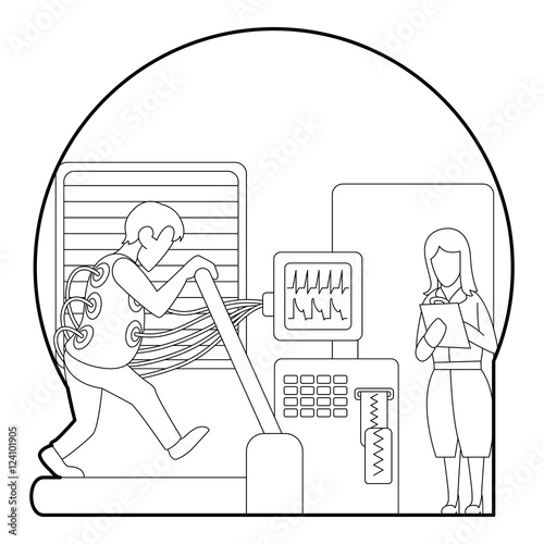 Medical testing person on treadmill concept. Outline illustration of medical testing person on treadmill vector concept for web