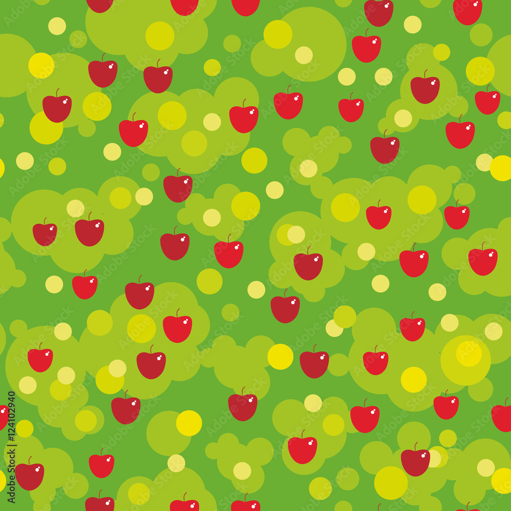 Seamless pattern - red apples and green leaves on green background. Vector Seamless pattern - red apples and green leaves on green background. Vector