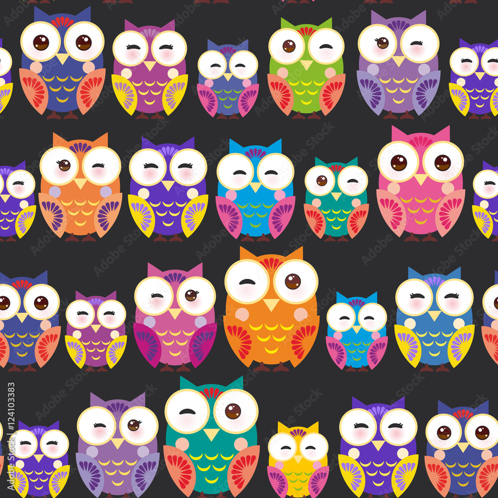 Seamless pattern - bright colorful owls on black background. Vector Seamless pattern - bright colorful owls on black background. Vector