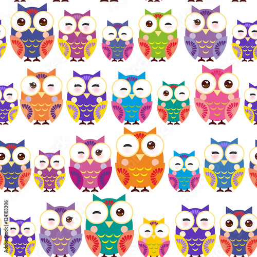 Seamless pattern - bright colorful owls on white background. Vector