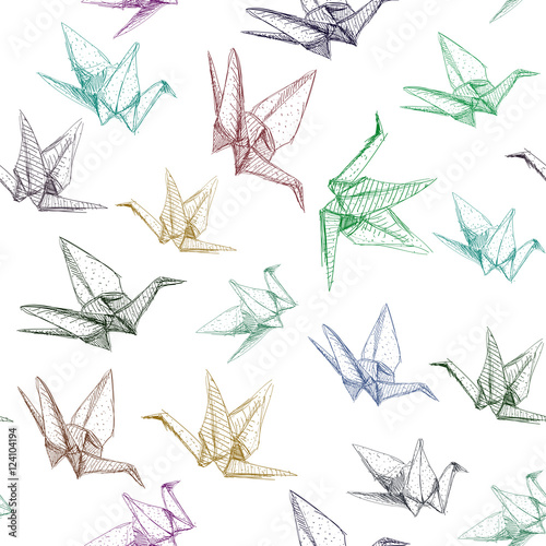 Japanese Origami paper cranes symbol of happiness, luck and longevity, sketch seamless pattern. purple blue brown green line on white background. Vector