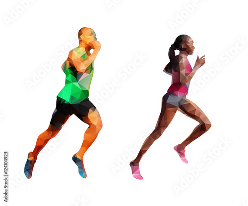 Running man and woman, polygonal abstract polygonal silhouettes.