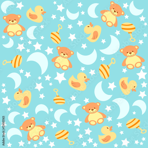 Background with baby toys. Pattern baby items