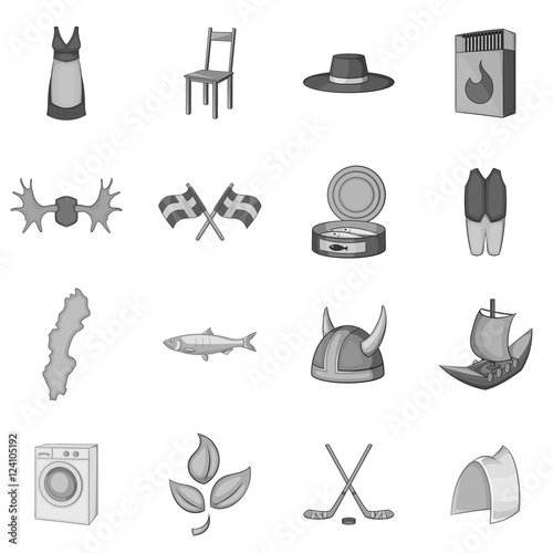 Sweden icons set. Gray monochrome illustration of 16 sweden vector icons for web