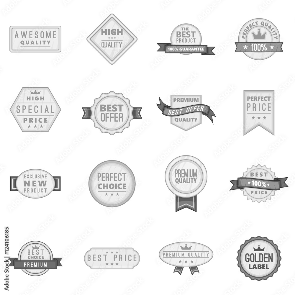 Premium quality label icons set. Gray monochrome illustration of 16 premium quality label vector icons for web Premium quality label icons set. Gray monochrome illustration of 16 premium quality label vector icons for web