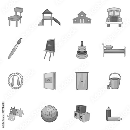 Kindergarten icons set. Gray monochrome illustration of 16 kindergarten vector icons for web