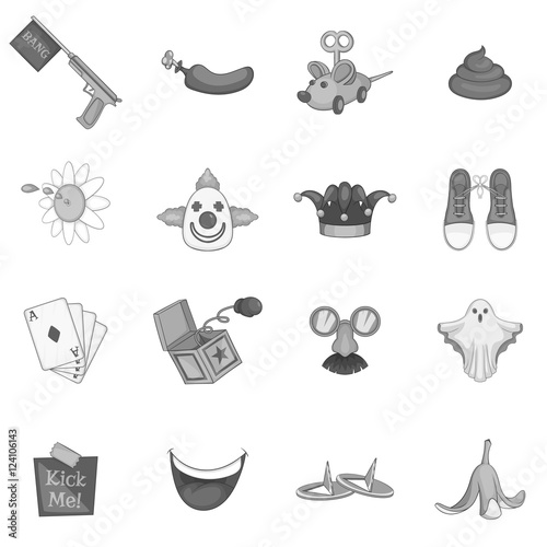 April fools day icons set. Gray monochrome illustration of 16 April fools day vector icons for web