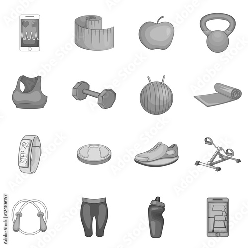 Fitness icons set. Gray monochrome illustration of 16 fitness vector icons for web