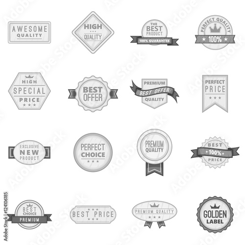 Premium quality label icons set. Gray monochrome illustration of 16 premium quality label vector icons for web