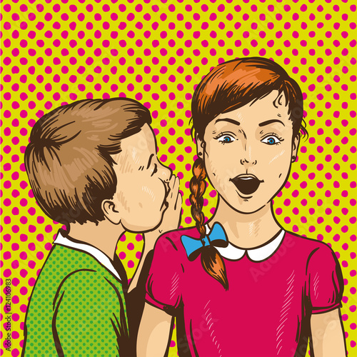 Pop art retro comic vector illustration. Kid whispering gossip or secret to his friend. Children talk each other