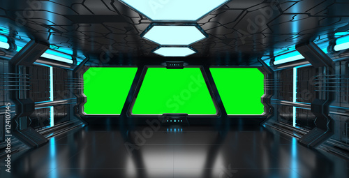 Fototapeta Naklejka Na Ścianę i Meble -  Spaceship blue interior with empty window 3D rendering elements
