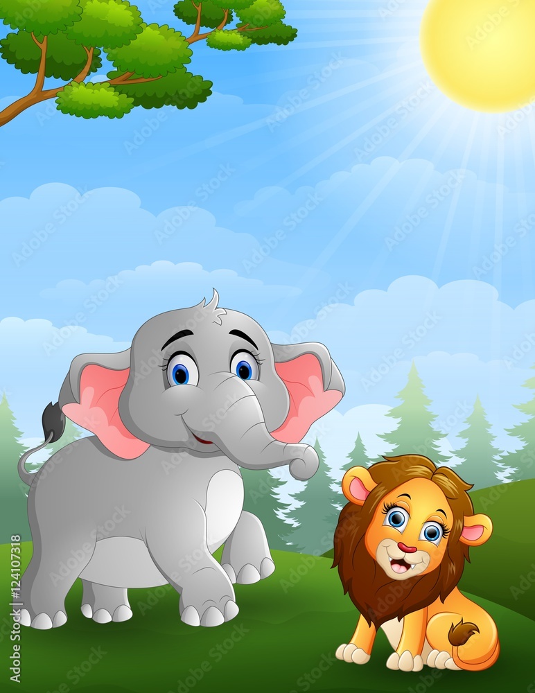 Elephant and lion cartoon in the jungle
Elephant and lion cartoon in the jungle