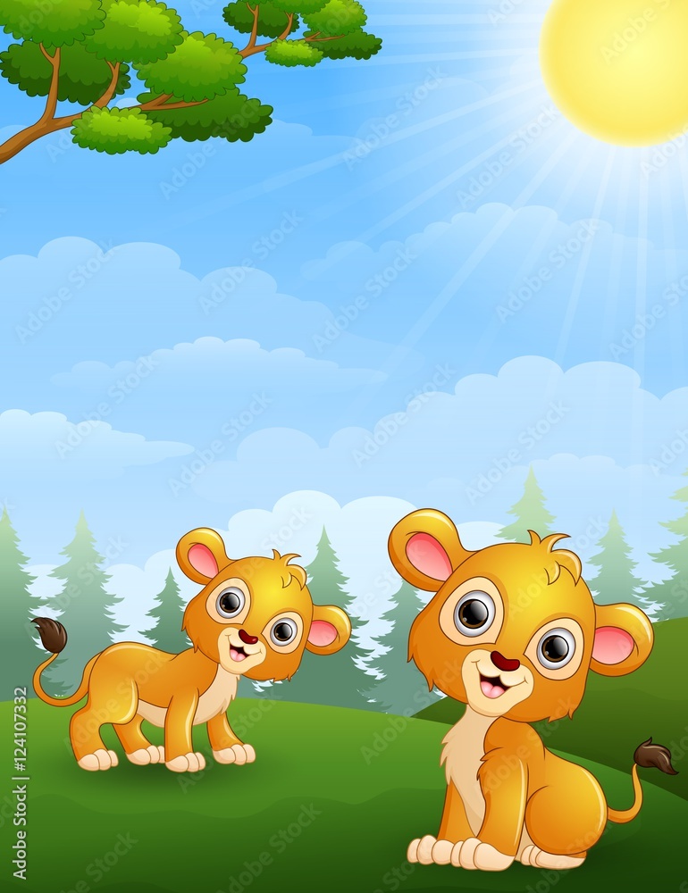 Fototapeta premium Two lion cub cartoon in the jungle 