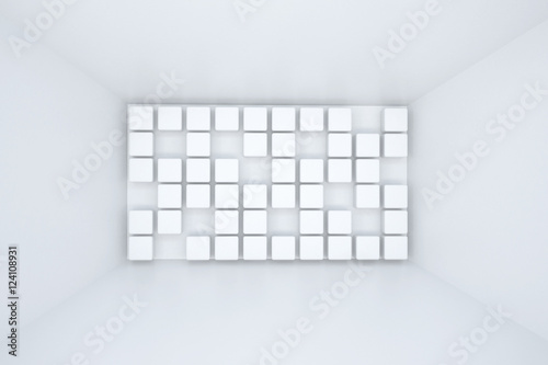 3d illustration. White interior of not existing building with square extruded wall elements in perspective. Symmetry view. Render. Place for text.