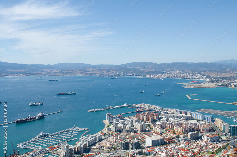 Overall view of Gibraltar city, Gibraltar Bay or Bay of Algeciras. 