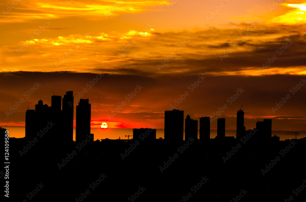 Backlight of a building city in a beautiful sunset
