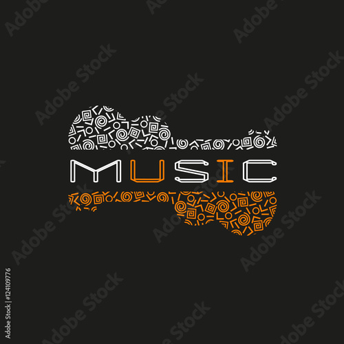 Template Design Poster with doodle acoustic guitar silhouette. Vintage music icon. Black orange white musical instrument logo in Swiss international style. Modern Memphis pattern. Vector illustration