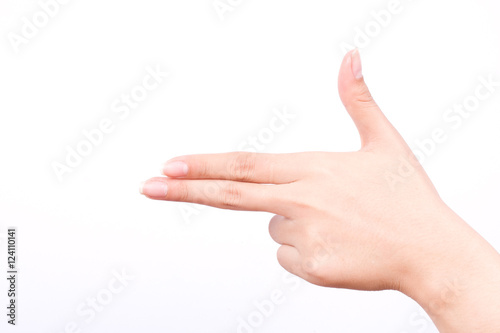 finger hand  girl symbols isolated concept aim pointing gun hand killer on white background
 photo