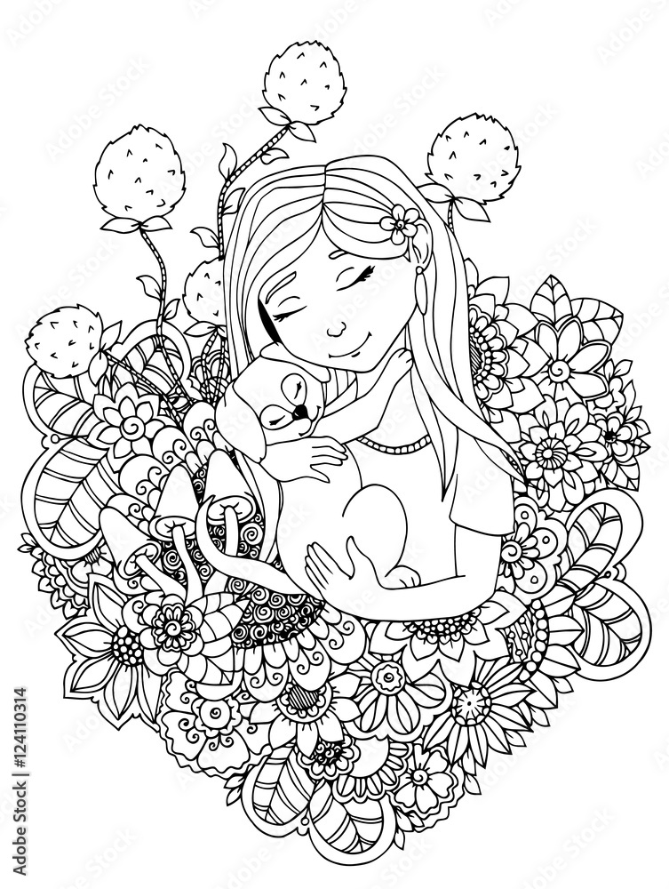Fototapeta Wektor ilustracja zentangl dziecko dziewczynka i szczeniak w kwiatach. Rysunek. Ćwiczenia medytacyjne. Kolorowanka antystresowa dla dorosłych. Czarny biały.