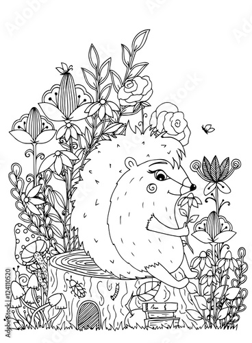 Vector illustration zentangl, hedgehog sitting on a stump in the flowers. Doodle drawing. Meditative exercises. Coloring book anti stress for adults. Black white.