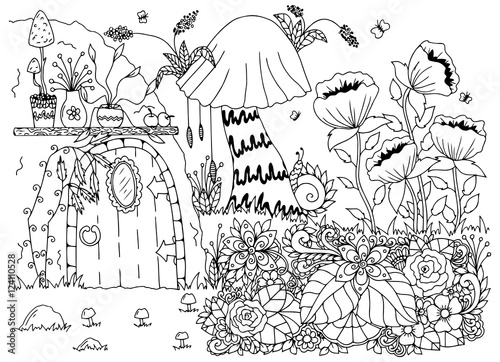 Vector illustration zentangl house in the woods, flowers. Doodle drawing. Meditative exercises. Coloring book anti stress for adults. Black white.