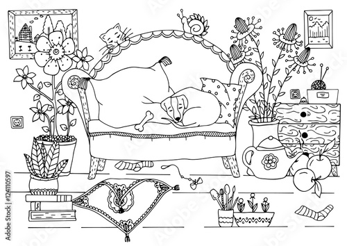 Vector illustration Zen Tangle, the interior of the apartment. Doodle drawing. Meditative exercise. Coloring book anti stress for adults. Black and white.
