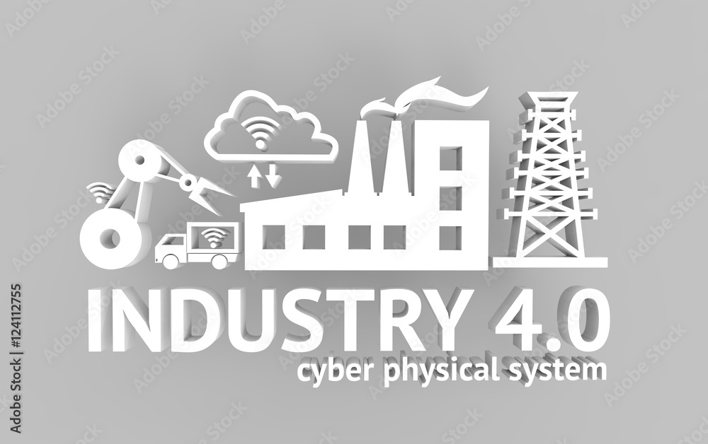 Industrial 4.0 Cyber Physical Systems concept , Icon of industry 4.0 ,Internet of things network,smart factory solution,Manufacturing technology,automation robot with gray background , 3D illustration