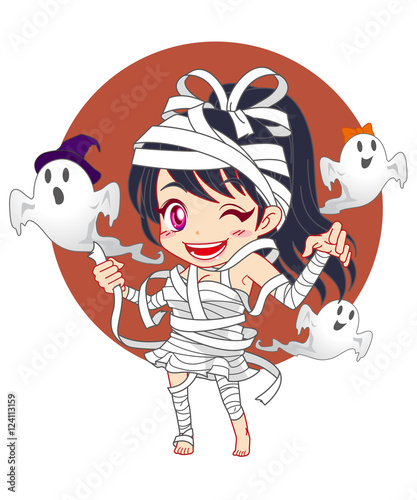 ハロウィン_ミイラ女の子キャラ&ゴースト_背景カラーあり Stock