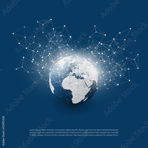 Abstract Cloud Computing and Global Network Connections Concept Design with Transparent Geometric Mesh, Wireframe Sphere, Earth Globe - Illustration in Editable Vector Format