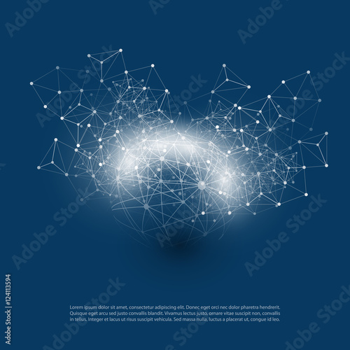 Abstract Cloud Computing and Global Network Connections Concept Design with Transparent Geometric Mesh, Wireframe Sphere - Illustration in Editable Vector Format