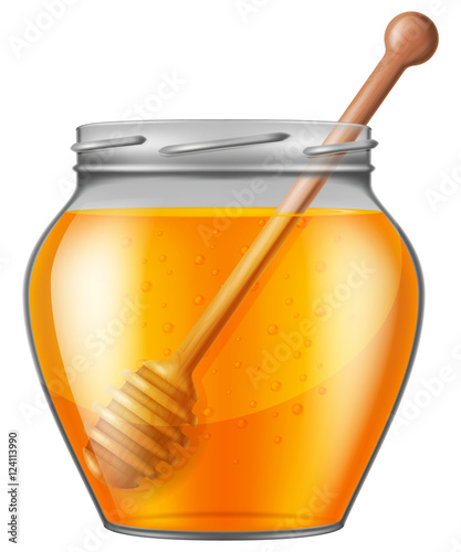 Jar of honey with wooden drizzler. Vector illustration.