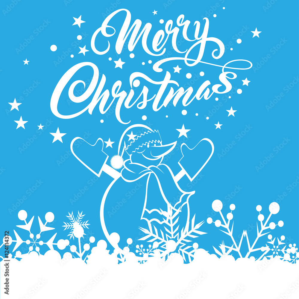 Snowman on blue background. Merry christmas calligraphic text for Your design