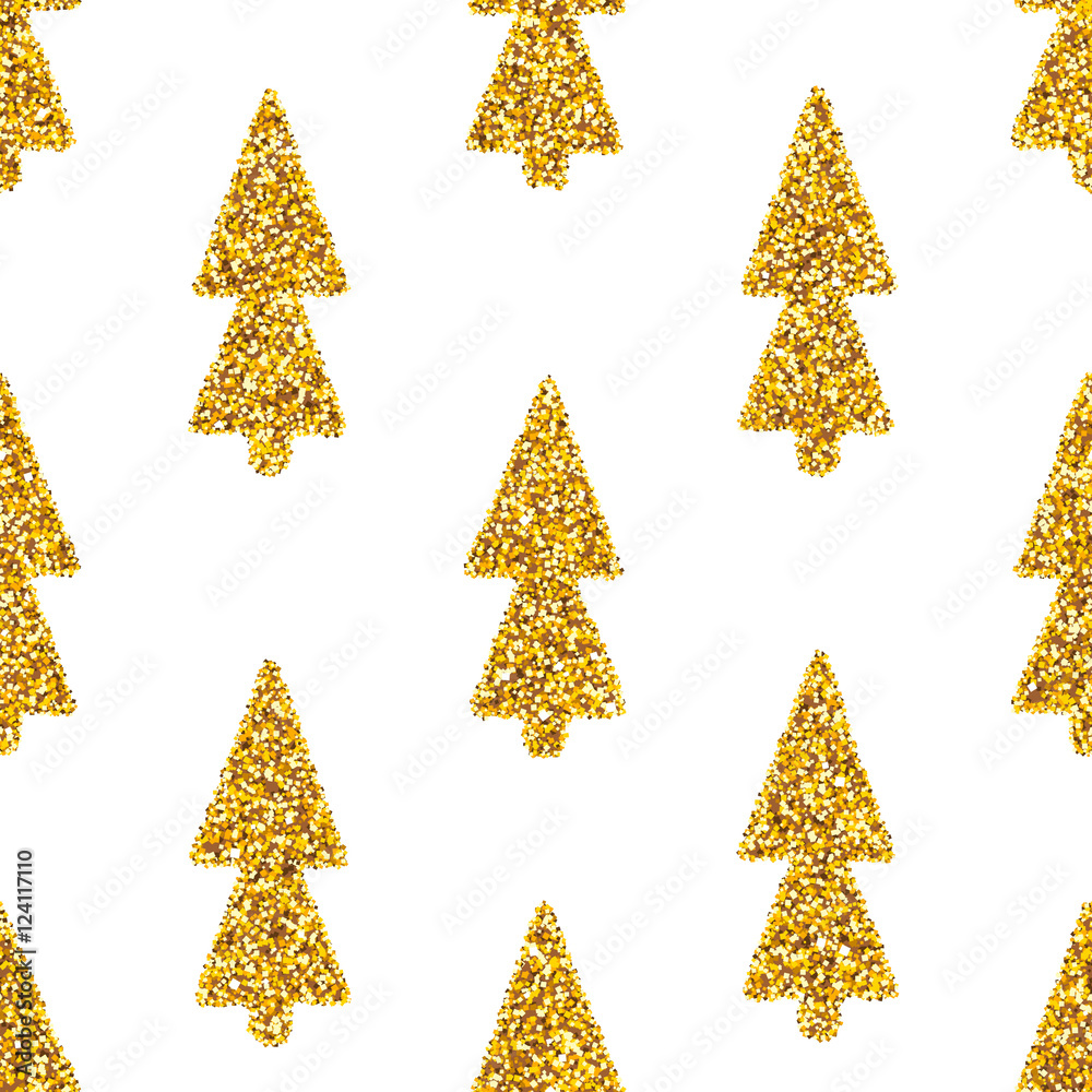 Obraz premium Vector white seamless pattern with glam golden glitter Christmas trees. Shiny gold spruce abstract background.