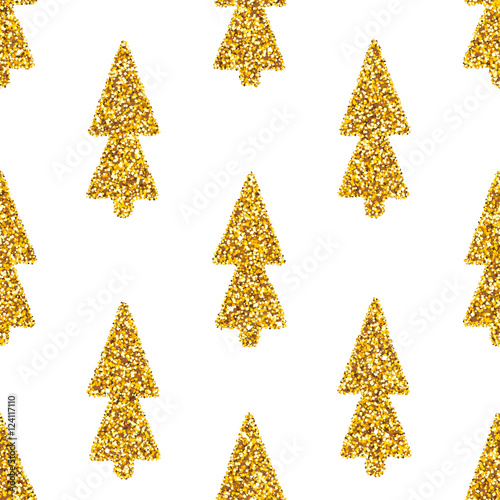 Vector white seamless pattern with glam golden glitter Christmas trees. Shiny gold spruce abstract background.