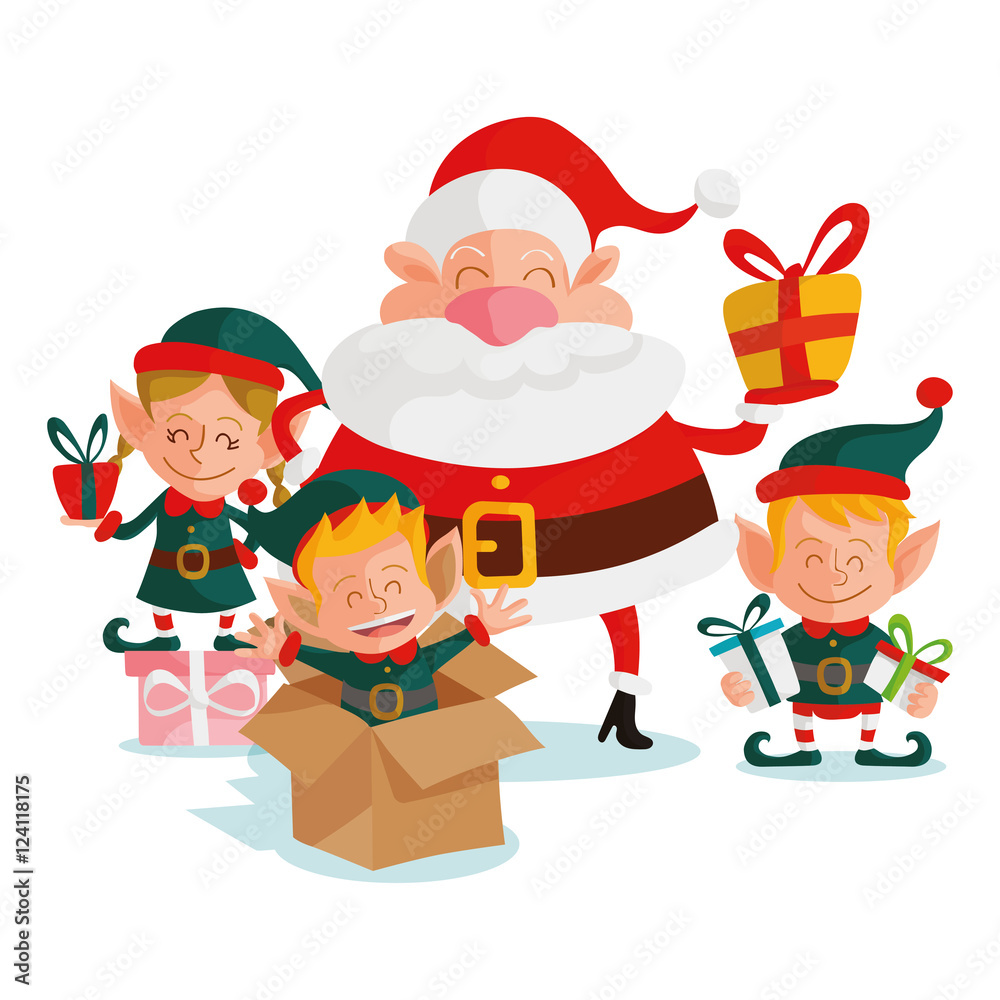 Santa claus and elves, vector illustration.