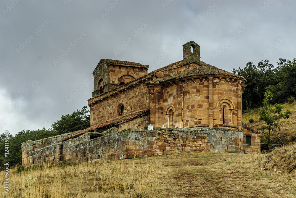 sight of the Romanesque church of Santa Marina in villanueva of the tower in Palencia, Castile and León, Spain