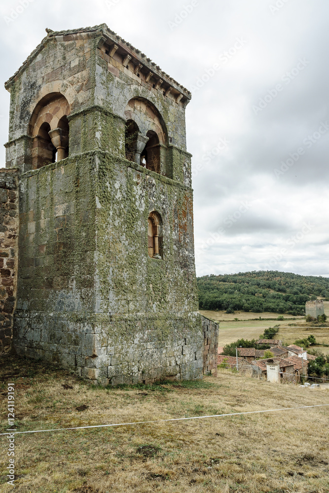 sight of the tore of the Romanesque church of Santa Marina in villanueva of the tower in Palencia, Castile and León, Spain