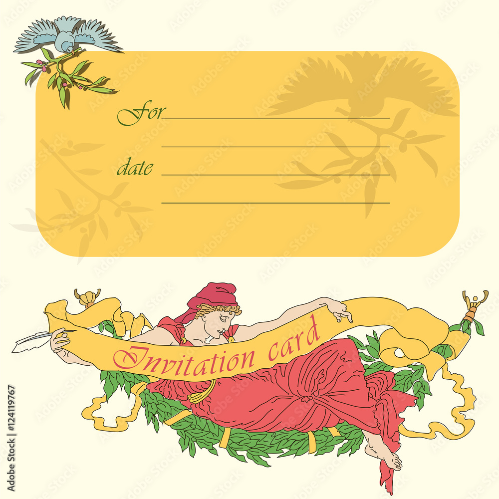 Vector retro postal with bird and nymph. Invitation card.