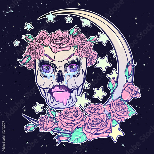 Kawaii Night sky composition with Skull, Roses, stars and moon crescent. Festive background or greeting card. Pastel goth palette. Cute girly gothic style art. EPS10 vector illustration