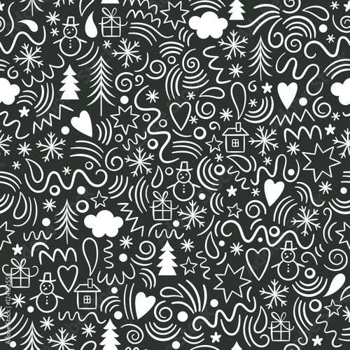 seamless Christmas pattern, black and white graphic

