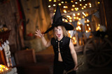 crazy Girl witch with  broom . childhood Halloween