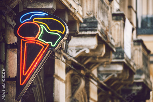 close up on a neon ice cream sign photo