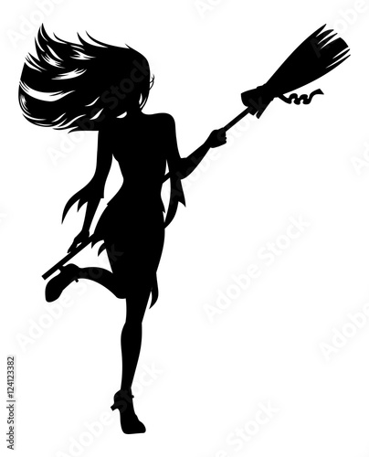 Girl with a broom in witch costume. Halloween witch silhouette.