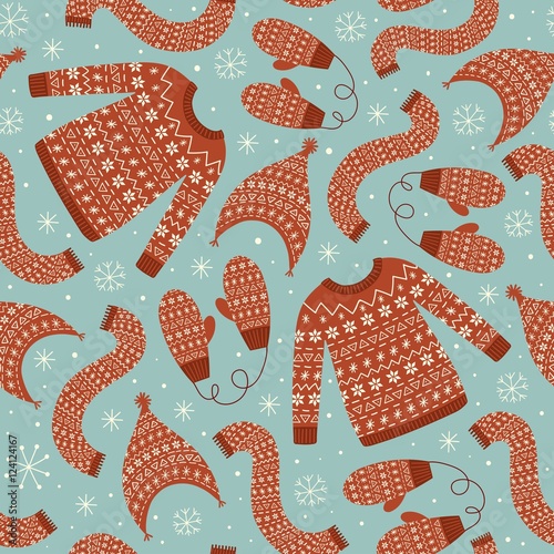 Christmas seamless pattern with sweaters, hats, mittens