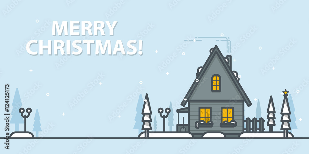 Christmas greeting card. Winter landscape with house on a blue background. Outline vector illustration.