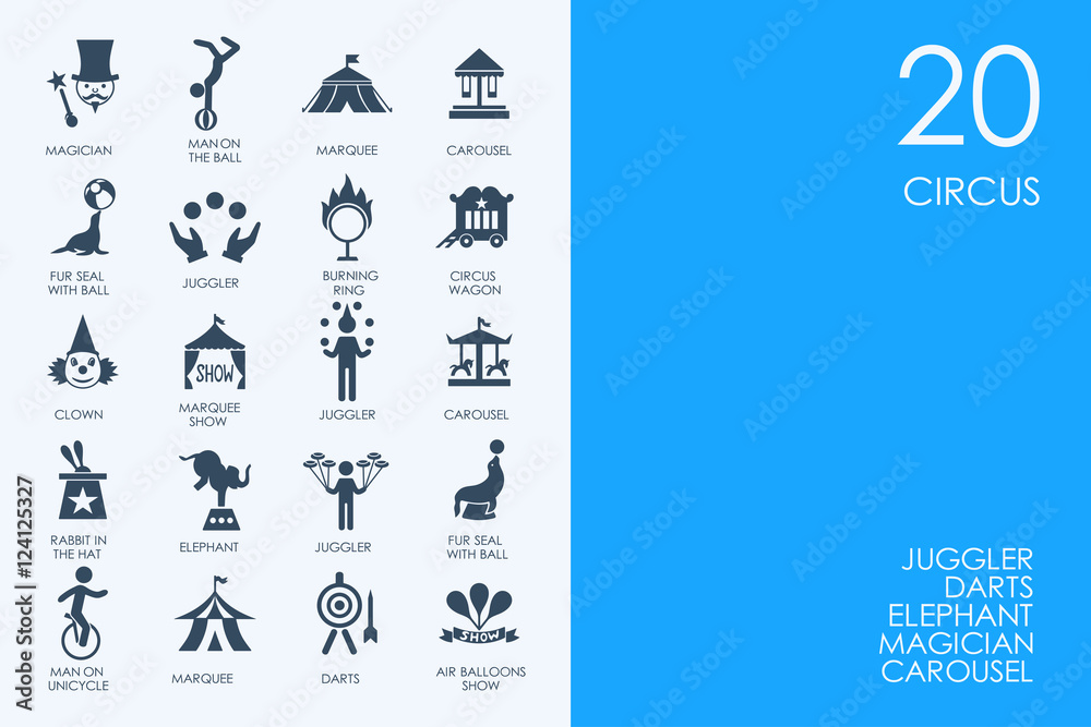 Naklejka premium Set of BLUE HAMSTER Library circus icons