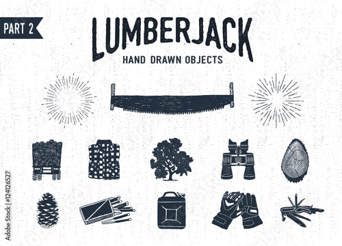 Hand drawn lumberjack textured icons set 2. Vector illustrations.