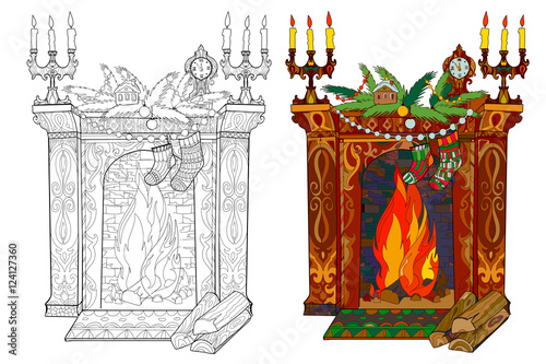 Christmas fireplace decorated. Hand drawn doodle illustration for adult coloring book with sample.