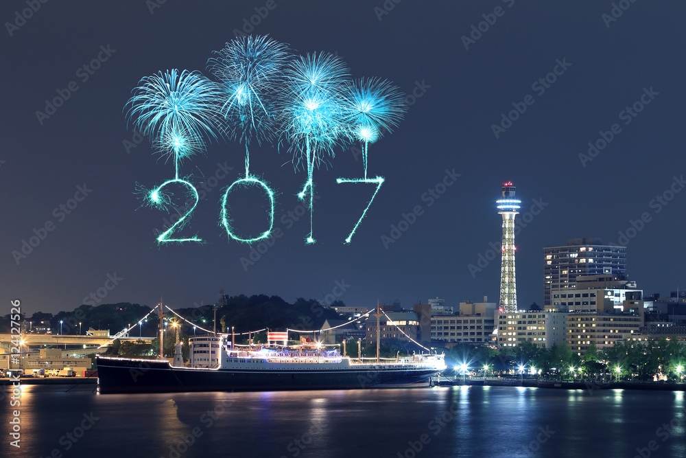 2017 New Year Fireworks over marina bay in Yokohama City, Japan