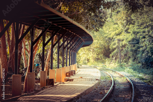 Ancient railway station and green tree vintage fillter